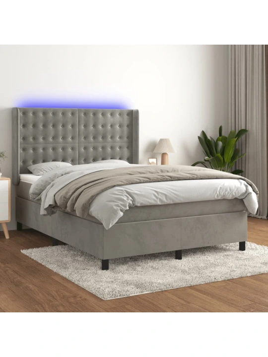 Box spring postel s matrací a LED světle šedá 140x190 cm samet