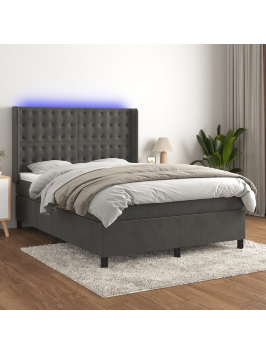 Box spring postel s matrací a LED tmavě šedá 140x190 cm samet