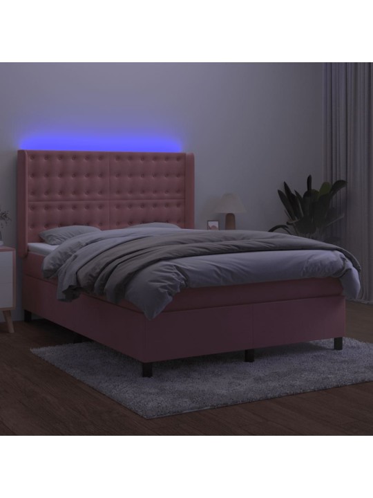 Box spring postel s matrací a led růžová 140x190 cm samet