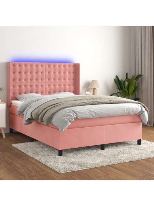 Box spring postel s matrací a led růžová 140x190 cm samet