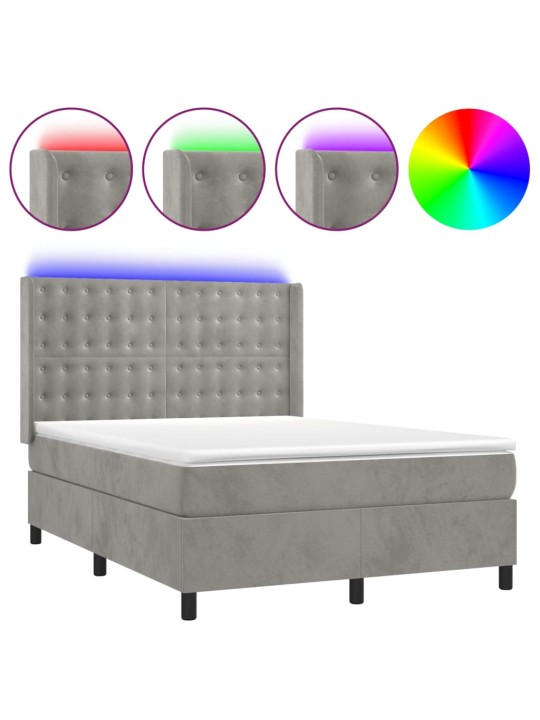 Box spring postel s matrací a LED světle šedá 140x200 cm samet