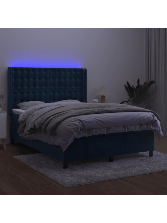 Box spring postel s matrací a led tmavě modrá 140x200 cm samet
