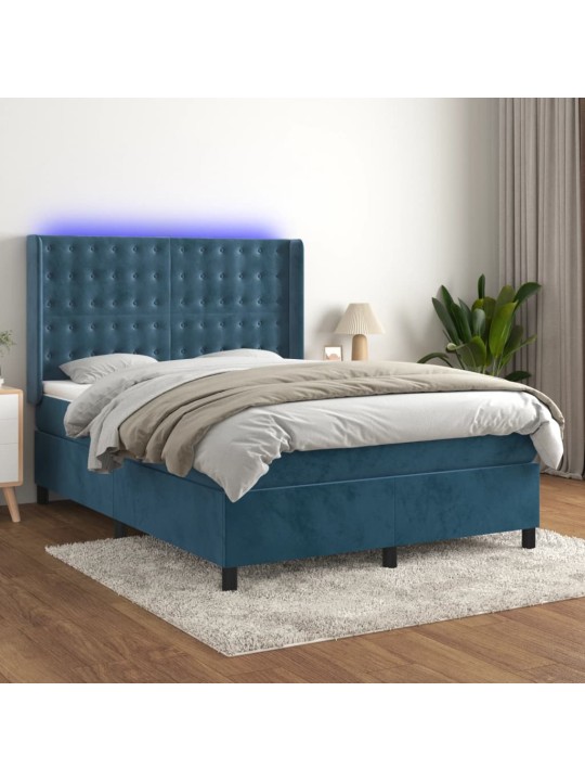 Box spring postel s matrací a led tmavě modrá 140x200 cm samet