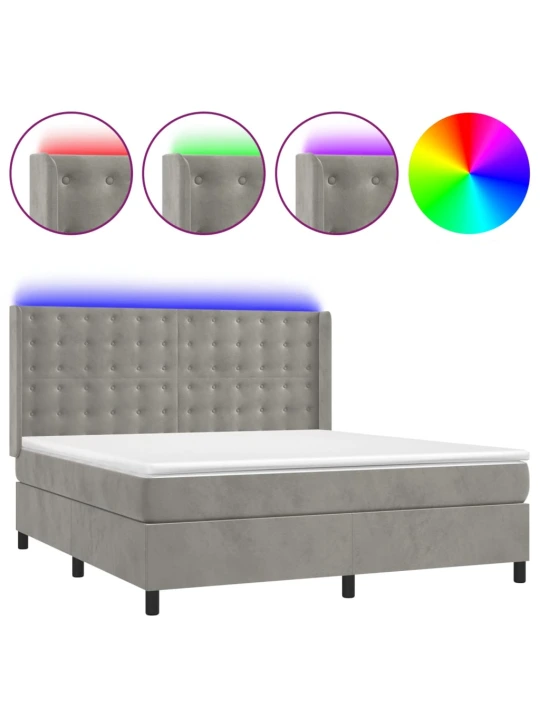 Box spring postel s matrací a led světle šedá 160x200 cm samet