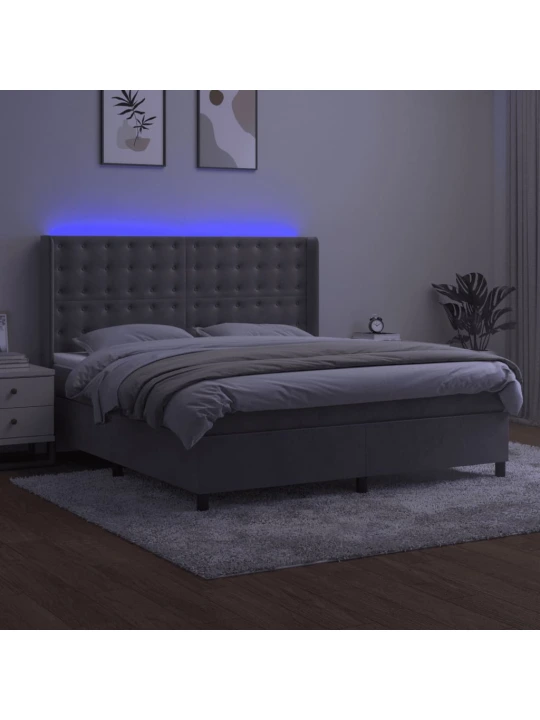 Box spring postel s matrací a led světle šedá 160x200 cm samet