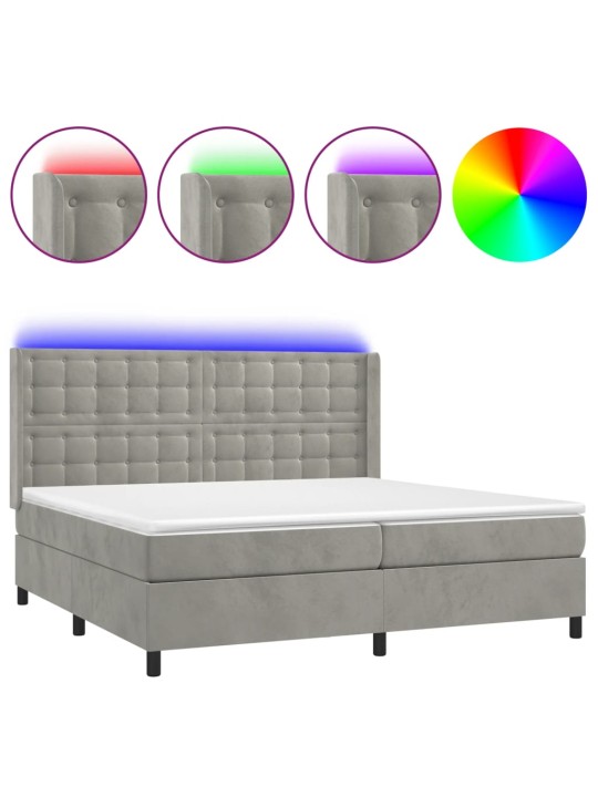 Box spring postel s matrací a LED světle šedá 200x200 cm samet