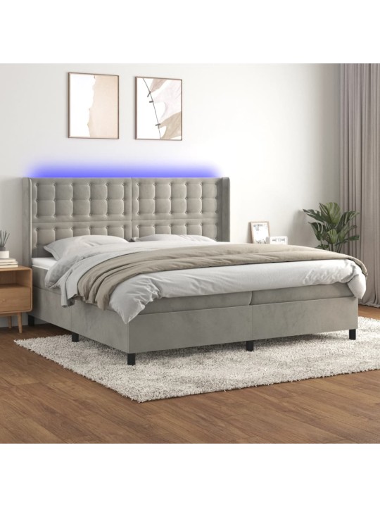 Box spring postel s matrací a LED světle šedá 200x200 cm samet