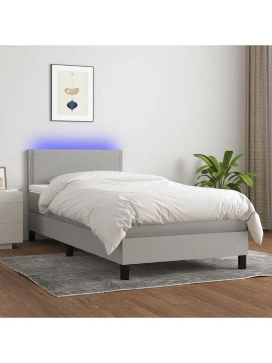 Box spring postel s matrací a LED světle šedá 90x200 cm textil