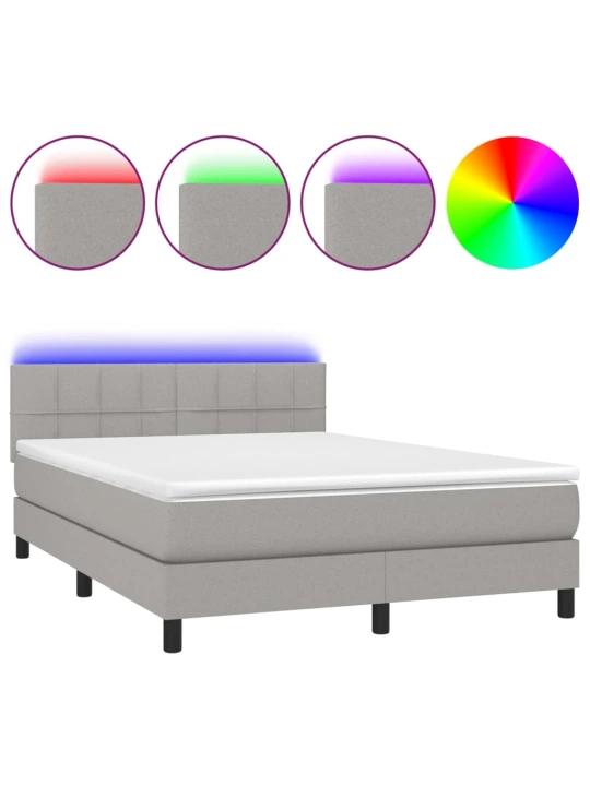 Box spring postel s matrací a LED světle šedá 140x200 cm textil