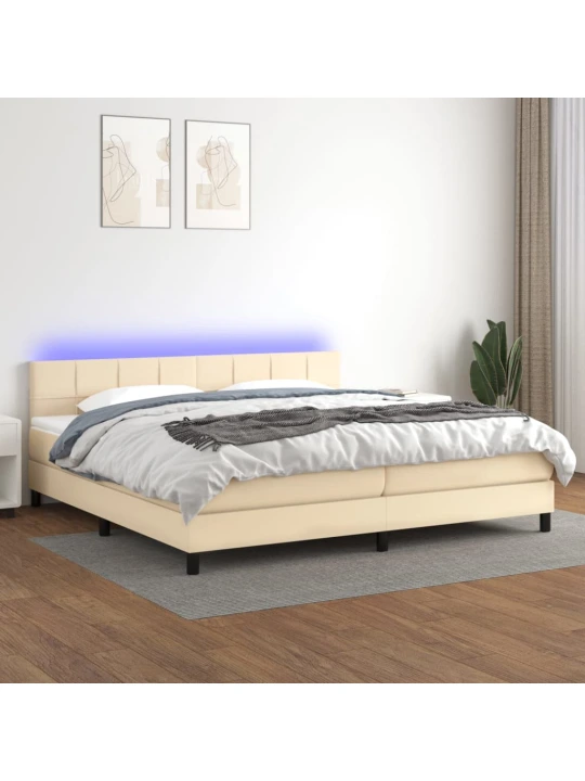Box spring postel s matrací a LED krémová 200x200 cm textil