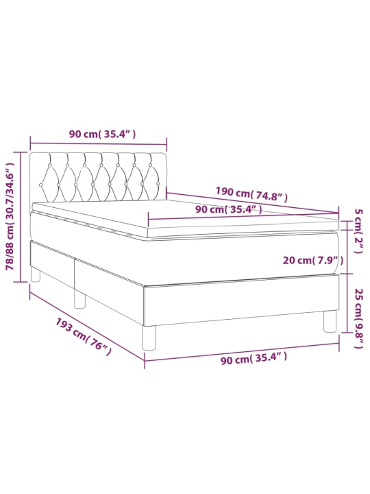 Box spring postel s matrací a LED tmavě hnědá 90x190 cm textil