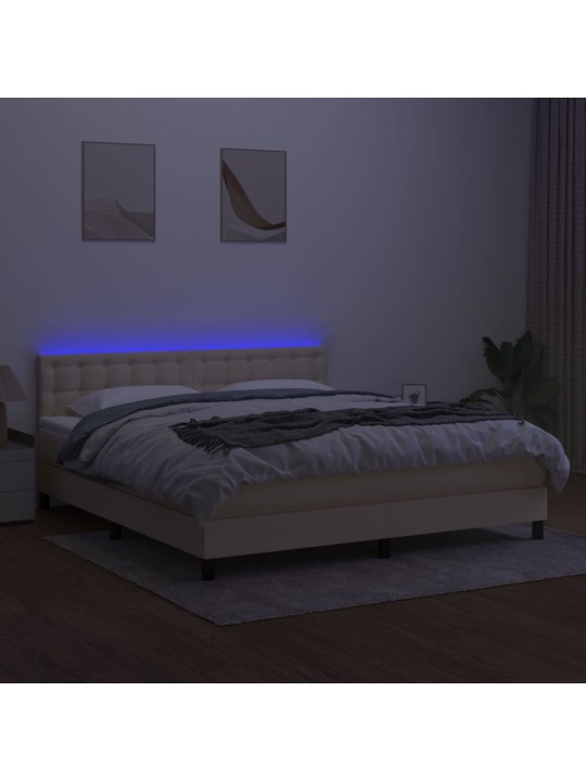 Box spring postel s matrací a LED krémová 180x200 cm textil