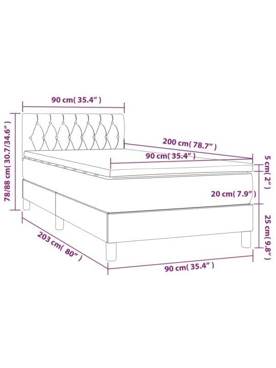 Box spring postel s matrací a LED tmavě hnědá 90x200 cm textil