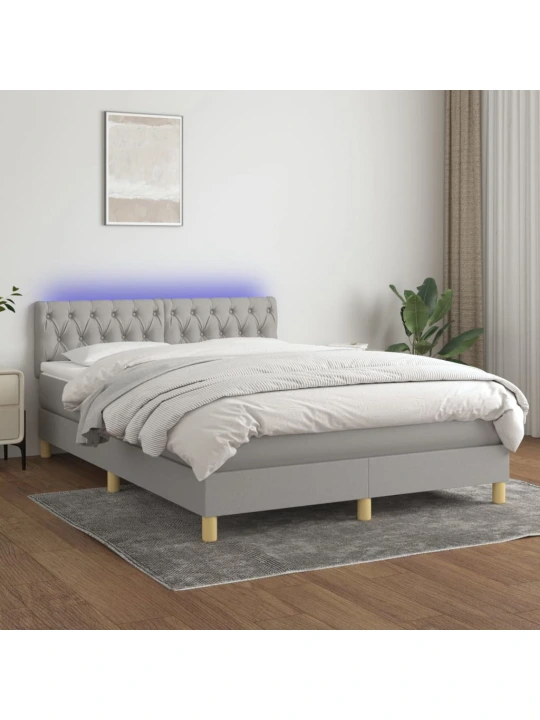 Box spring postel s matrací a LED světle šedá 140x200 cm textil