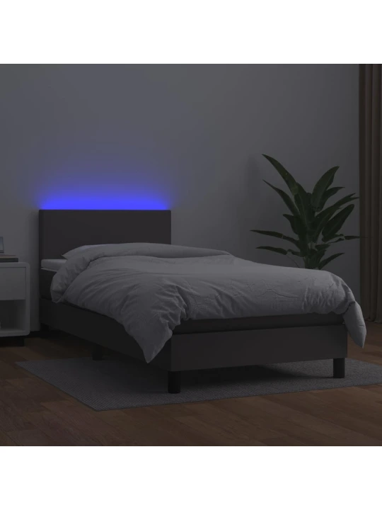 Box spring postel s matrací a LED šedá 90x200 cm umělá kůže