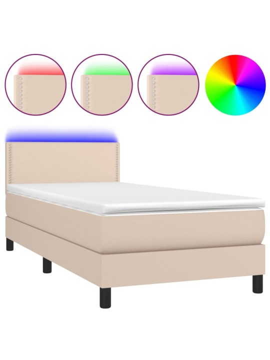 Box spring postel matrace a LED cappuccino 90x190 cm umělá kůže