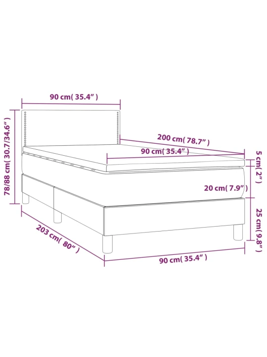 Box spring postel s matrací a LED šedá 90x200 cm umělá kůže