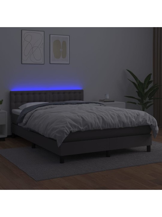 Box spring postel s matrací a LED šedá 140x190 cm umělá kůže