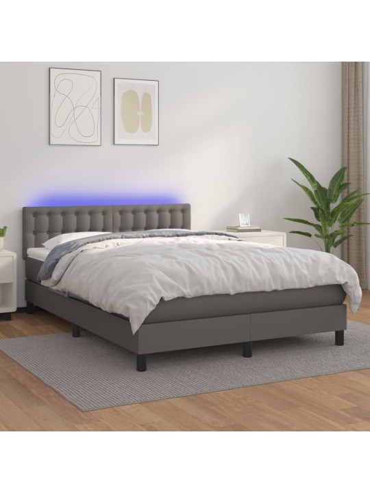 Box spring postel s matrací a LED šedá 140x190 cm umělá kůže