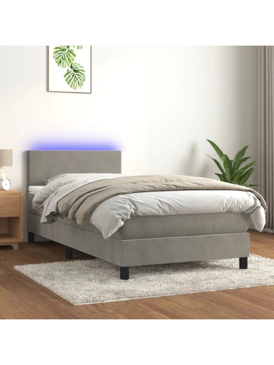 Box spring postel s matrací a LED světle šedá 90x190 cm samet