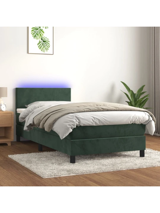 Box spring postel s matrací a LED tmavě zelená 90x190 cm samet