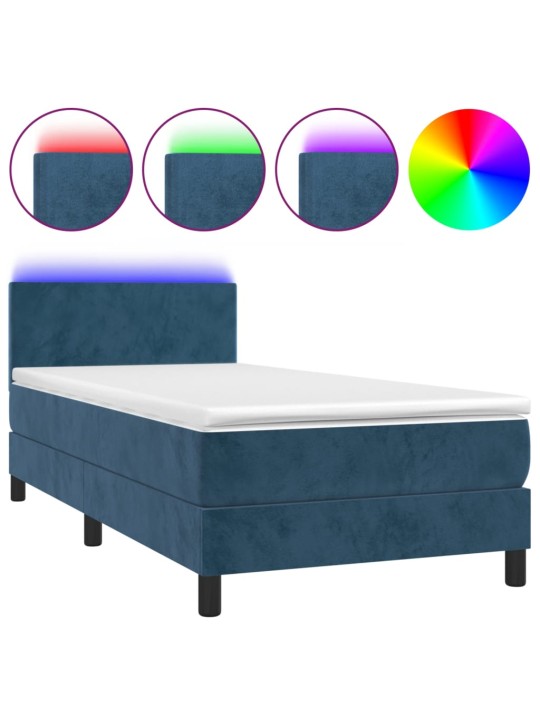 Box spring postel s matrací a LED tmavě modrá 90x200 cm samet