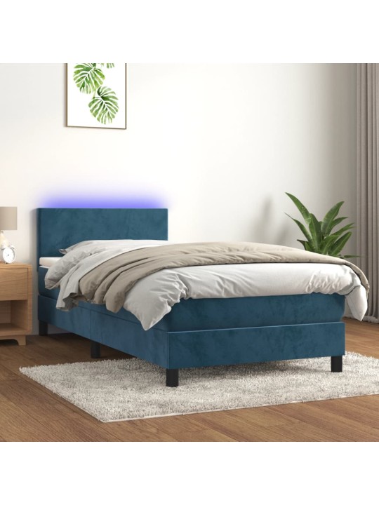 Box spring postel s matrací a LED tmavě modrá 90x200 cm samet