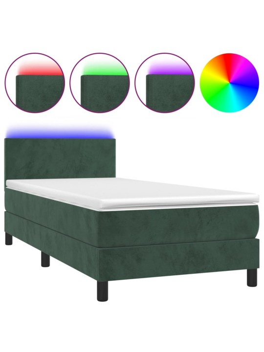 Box spring postel s matrací a LED tmavě zelená 100x200 cm samet