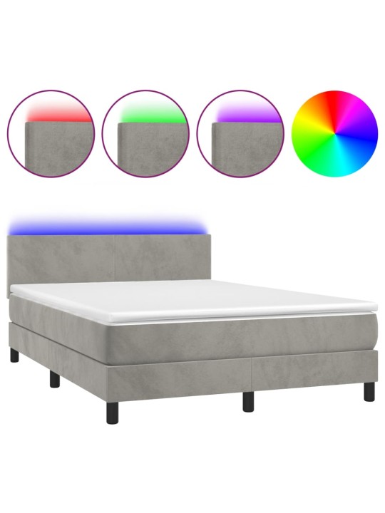 Box spring postel s matrací a LED světle šedá 140x190 cm samet