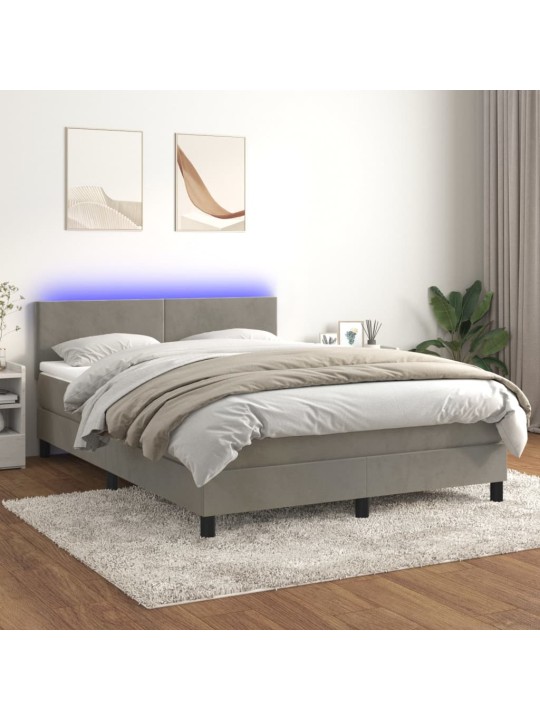 Box spring postel s matrací a LED světle šedá 140x190 cm samet