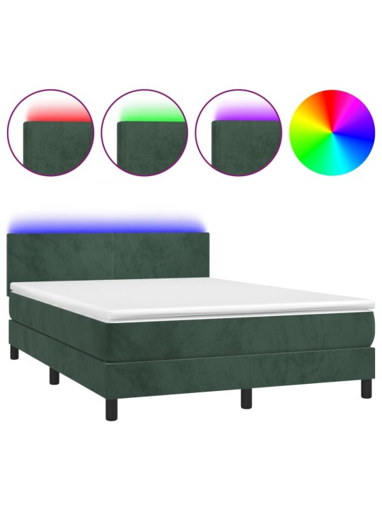 Box spring postel s matrací a led tmavě zelená 140x190 cm samet