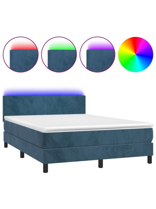 Box spring postel s matrací a LED tmavě modrá 140x190 cm samet