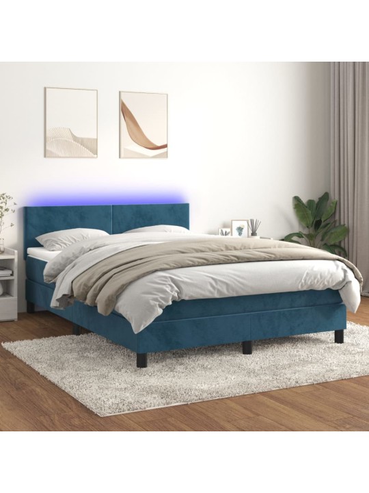 Box spring postel s matrací a LED tmavě modrá 140x190 cm samet