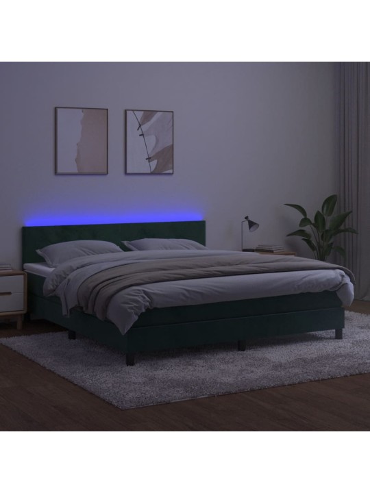 Box spring postel s matrací a led tmavě zelená 160x200 cm samet