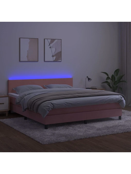 Box spring postel s matrací a LED růžová 180x200 cm samet