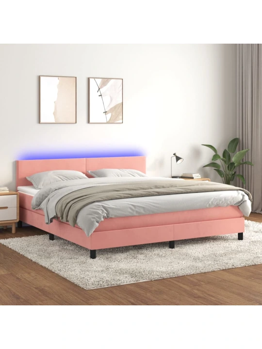 Box spring postel s matrací a LED růžová 180x200 cm samet