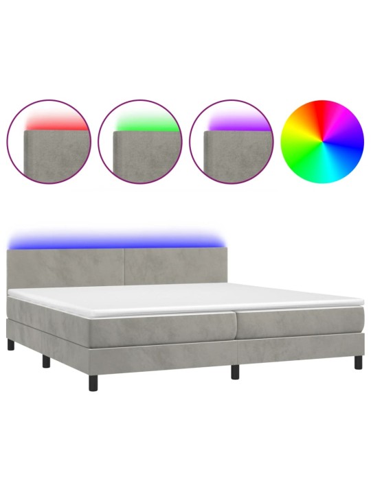 Box spring postel s matrací a LED světle šedá 200x200 cm samet