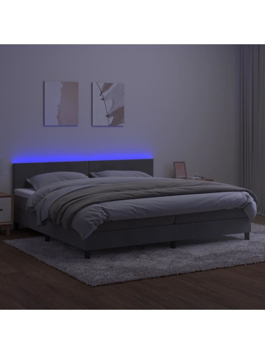 Box spring postel s matrací a LED světle šedá 200x200 cm samet