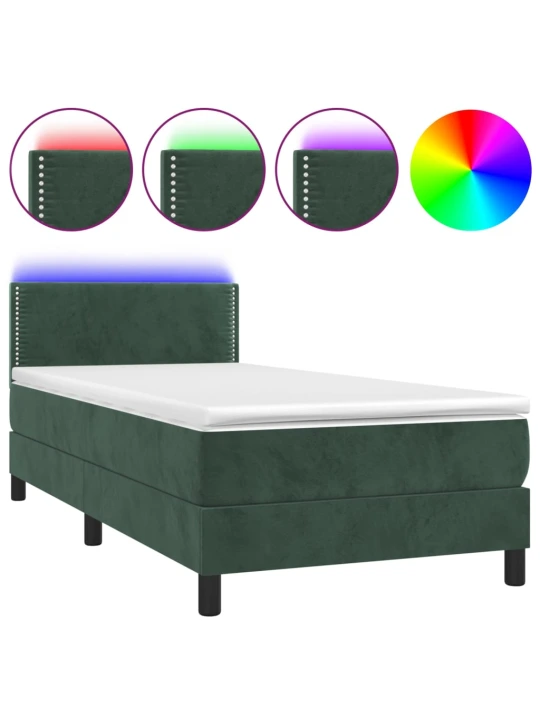 Box spring postel s matrací a LED tmavě zelená 90x190 cm samet