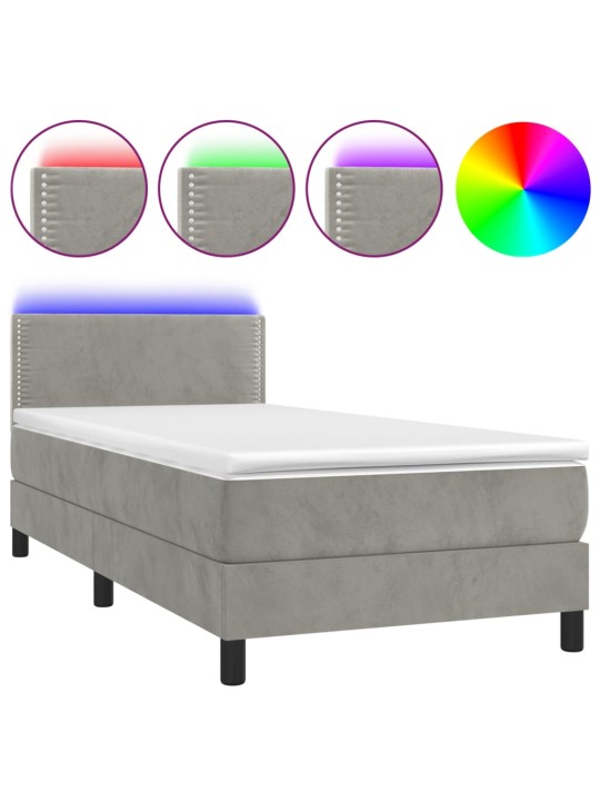 Box spring postel s matrací a LED světle šedá 100x200 cm samet