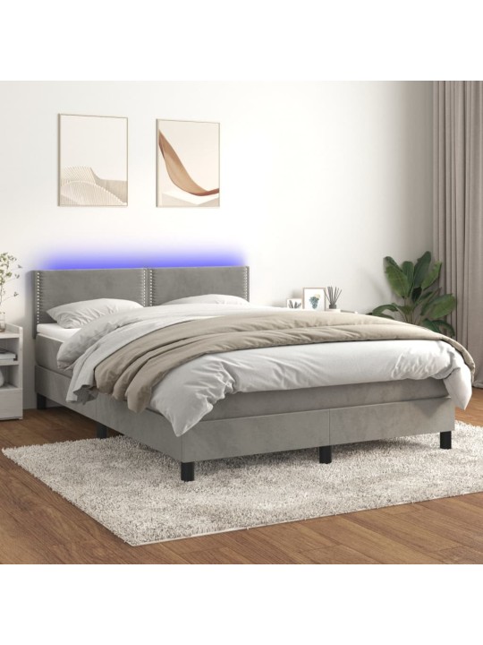 Box spring postel s matrací a LED světle šedá 140x190 cm samet
