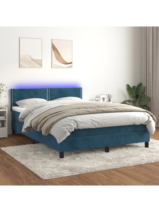 Box spring postel s matrací a LED tmavě modrá 140x190 cm samet