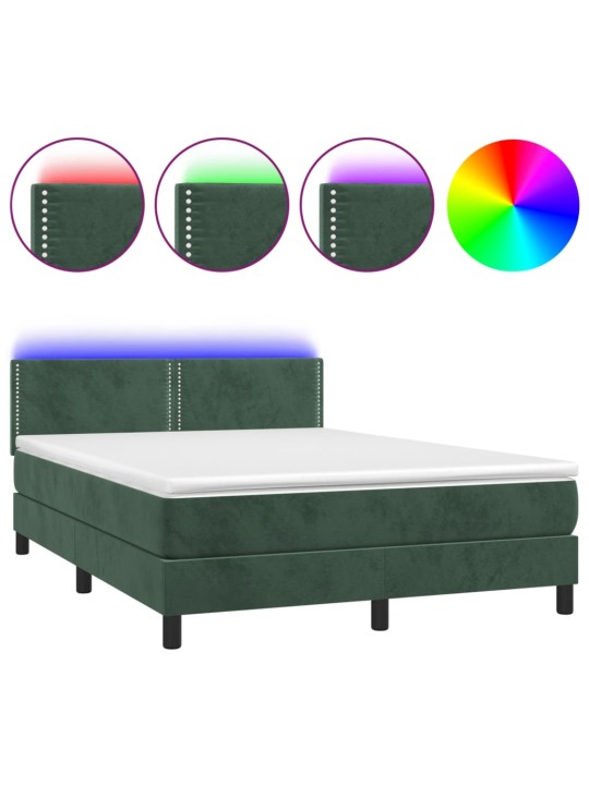 Box spring postel s matrací a LED tmavě zelená 140x200 cm samet