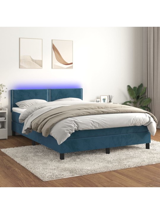 Box spring postel s matrací a LED tmavě modrá 140x200 cm samet