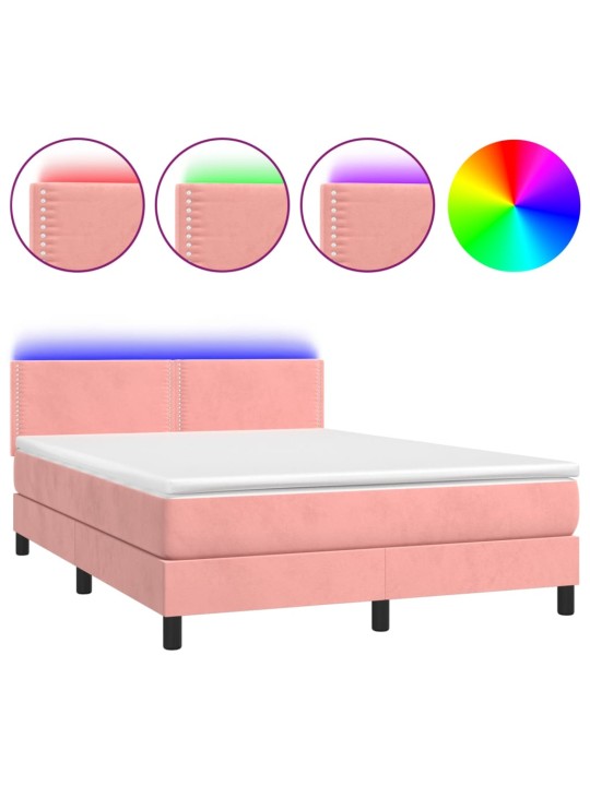 Box spring postel s matrací a LED růžová 140x200 cm samet
