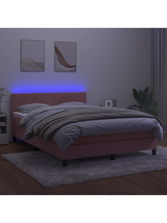 Box spring postel s matrací a LED růžová 140x200 cm samet
