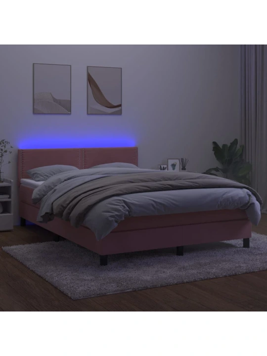 Box spring postel s matrací a LED růžová 140x200 cm samet