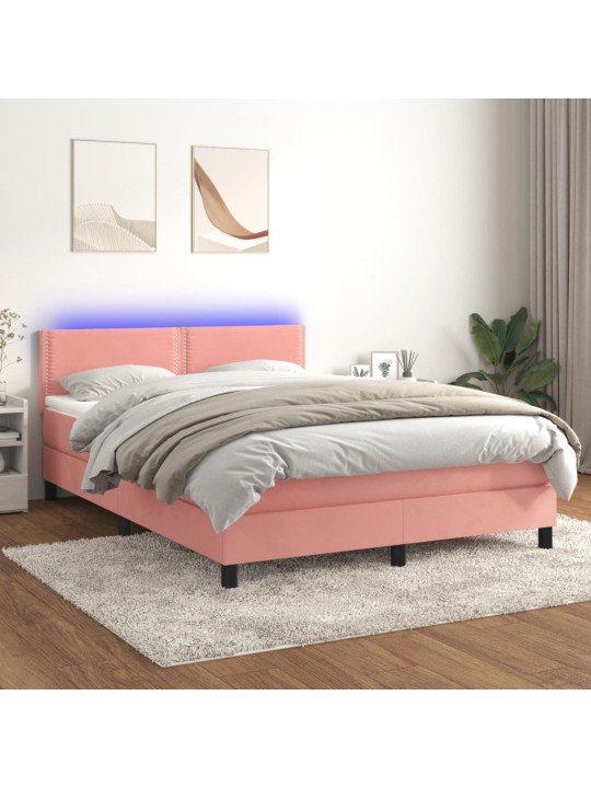 Box spring postel s matrací a LED růžová 140x200 cm samet
