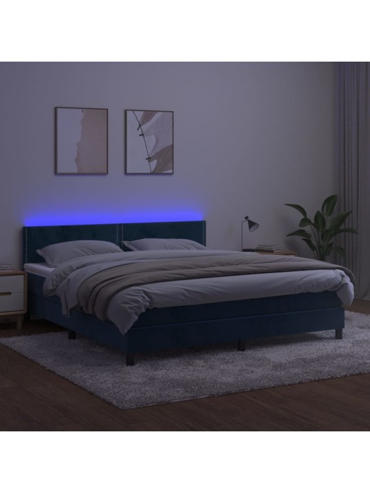 Box spring postel s matrací a LED tmavě modrá 160x200 cm samet