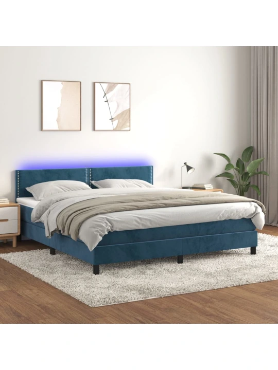 Box spring postel s matrací a LED tmavě modrá 180x200 cm samet